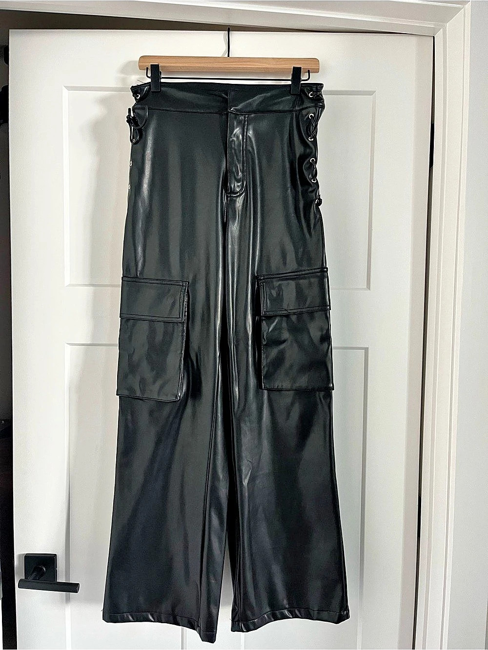 Wide Leg Faux Leather Cargo Pants US 8